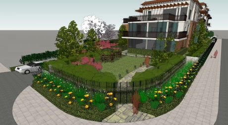 View from Rimpau corner shows the corner portion of the property will be kept as landscaped green space.